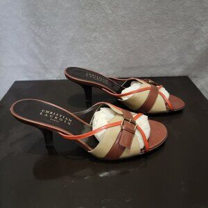 CHRISTIAN LACROIX Brown- Orange Strap Leather Buckled Heels-New Without Box